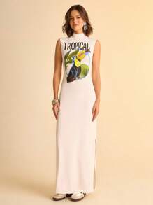CAJUNI Semi-Sheer Stand Collar Maxi Dress In White With Colorful Tropical Design And Soft Fabric- Toucan Dress - White - View 7