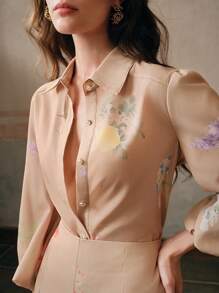 Anewsta Áo cánh tay đèn lồng in hoa thanh lịch cho nữ, thời trang cho kỳ nghỉ hè - Màu Khaki - Xem 5