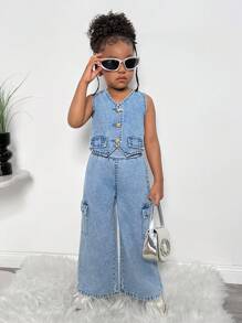 少女休闲水洗牛仔背心和牛仔裤两件套 - 中等水洗藍 - 查看 7