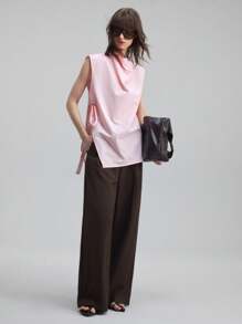 Ontre 女士不对称下摆侧开衩无袖上衣，时尚度假风设计，适合教师、都市通勤、商务休闲穿着 - 粉色 - 查看 3