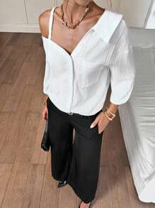 Siren Gaze 女装春秋纯色白色不对称领落肩宽松休闲衬衫春夏新款时尚街头风格休闲不对称肩衬衫 - 白色 - 查看 7