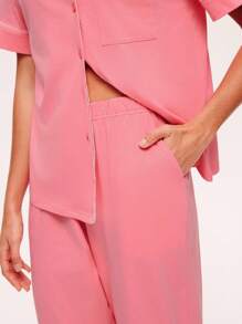 LUVLETTE 柔软100%纯棉撞色滚边粉色短袖基础款纽扣上衣和裤子女士家居服透气睡衣套装裤子带口袋舒适内衣居家穿着新娘内衣，秋季服装 - 珊瑚粉 - 查看 8