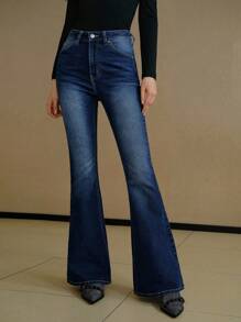 MOTF PREMIUM RHINESTONE FLAP POCKET FLARE LEG JEANS WITHOUT BELT - Blue - View 5