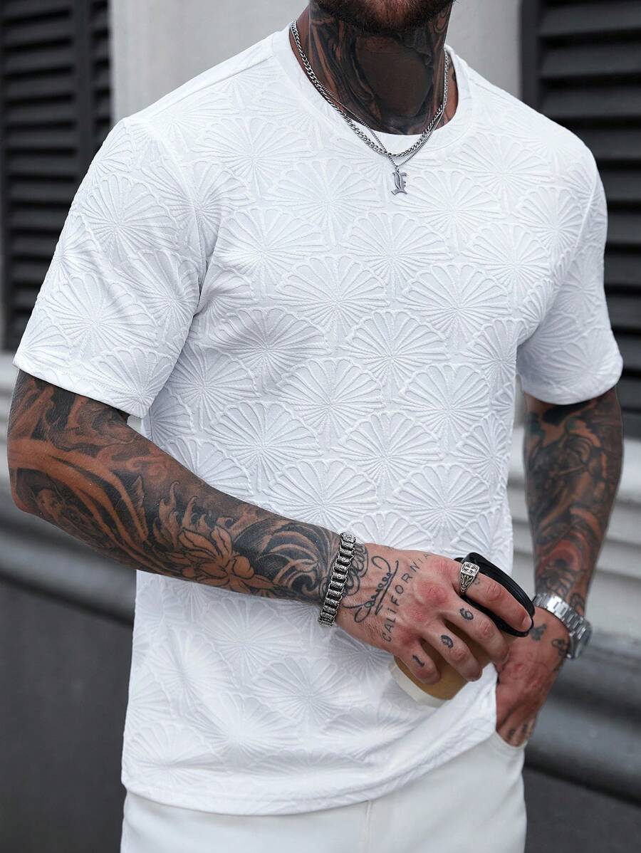 Manfinity Homme 夏季时尚范儿纹理圆领纯色T恤，新品上市，适合休闲、居家、通勤，是送给男朋友或老公的绝佳礼物。男士纯色纹理面料T恤 - 白色 - 查看 1