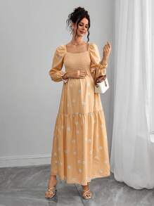 SHEIN 休闲长袖孕妇雏菊印花A字连衣裙 - 黃色 - 查看 5