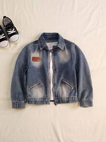 Denimly Spring & Autumn New Young Boy Retro Vintage Denim Jacket. Classic Denim Blue With Distressed Washing Technique Creates A Fashionable Vintage Vibe. Featuring A Collared Neck And Decorative Zipper Pockets, This Jacket Combines Aesthetics And Visual Layering. Metal Zipper Closure Makes It Easy To Put On And Take Off. Suitable For Daily Outings, School, Family Gatherings, Outdoor Activities, Etc. An On- Item That Easily Transforms Boys Into Stylish Kids! - Medium Wash - View 9