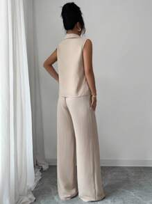 Rafferiza Conjunto de 2 piezas para mujer de top sin mangas con escote en V y pantalones rectos con cinturón decorativo, estilo casual y versátil, para primavera/verano - Caqui - Ver 2