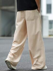 Manfinity Roghcode Men's Apricot Relaxed Elastic Waist Loose Wide Leg Pants Men Baggy Wide Pants Men Loose Straight Leg Casual Pants - Apricot - View 2
