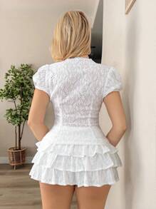 Sweetina 2件套女士针织提花系带泡泡袖上衣和迷你百褶裙套装 - 白色 - 查看 2