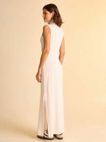 CAJUNI Semi-Sheer Stand Collar Maxi Dress In White With Colorful Tropical Design And Soft Fabric- Toucan Dress - White - View 2