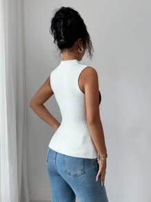 Rafferiza Elegancki damski sweter bez rękawów z kolorowymi blokami i kokardą - Czarne i Białe - Zobacz 2