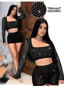 SHEIN SXY 2pc Women's High Waist Rhinestone Design Skinny Shorts,New Years Women Dress,Sequin Shorts,Party Women Dresses,Christmas Party Women Dress,New Year Eve Dress,New Years Outfit,Two Piece Set,Party Sets For Women,Club Outfit,Club Outfits Women Sexy,Rave Outfits,Mesh