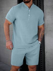 Manfinity CasualCool 男士休闲衬衫夏季立领男士Polo衫和抽绳短裤2件套，适合夏季穿着，度假风，适合送给男朋友和老公的夏季礼物 - 藍色 - 查看 6