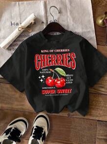 SHEIN EZwear Plus Size 3pcs/Set Cherry Pattern Graphic Tees In Black, White, Pink For Summer  Multiple Pieces Suitable For Going Out - Multicolor - View 4