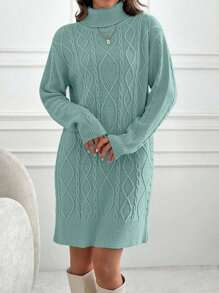 EURMUSE Knitwear Dress With Folded Neck And Cable Pattern,Winter Dresses For Women,Petite - Mint Green - View 8
