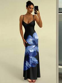 Aloruh 女式夏季度假可调节肩带紧身性感深色花卉印花吊带裙