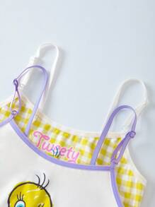 LOONEY TUNES X SHEIN Tween Girl Plaid And Cartoon Pattern Camisole Top And Boxer Shorts Undershirt Set - Purple - View 7