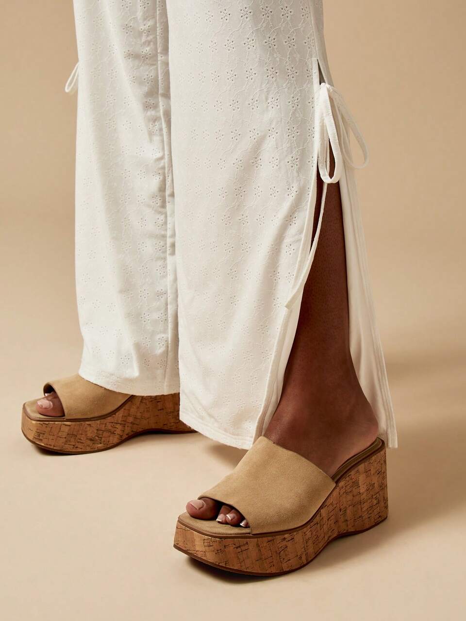 MISSGUIDED Wide Leg Pants Summer Eyelet Tie Waist Split Leg Beach Resort Wear Palazzo Holiday Trousers Side Ties Boho Festival Casual Loungewear