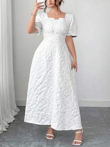 SHEIN Tall Vestido blanco romántico y elegante con estampado floral texturizado para mujer de talla grande, femenino y elegante, vestido largo blanco puro para fiesta, cita, salida, sesión de fotos - Blanco - Ver 5