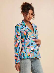 Travachic 女式鹦鹉印花单排扣休闲西装外套、女式西装外套、巨嘴鸟西装外套、印花西装外套、女士西装外套、度假、度假风格、节日庆典、女士海滩、毕业典礼、秋季、秋天、老钱风格、巨嘴鸟西装外套 - 藍色 - 查看 7