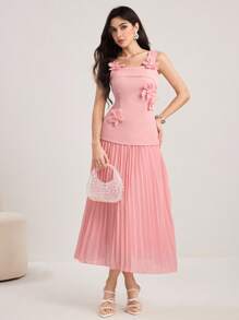 Modelyn 女式 3D 花朵装饰中长连衣裙，撞色材质贴片 A 字连衣裙，粉色连衣裙，女士夏季优雅连衣裙，玫瑰连衣裙，百褶连衣裙，女士时尚休闲秋季服装，可爱复古朴素女士服装，返校学校服装，返校连衣裙，女士教师服装 - 粉色 - 查看 4