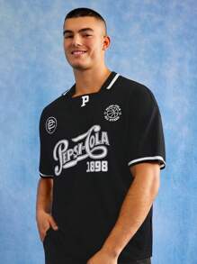 PEPSI X SHEIN 男士字母图案休闲短袖T恤，夏季 - 黑色 - 查看 6