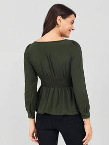 Miaspire 女士纯色方领泡泡袖不对称下摆优雅衬衫，绿色秋季衬衫，长袖上衣