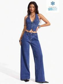 Flexra Conjunto casual de top de halter de unicolor con botones en la espalda y pantalones largos de mezclilla