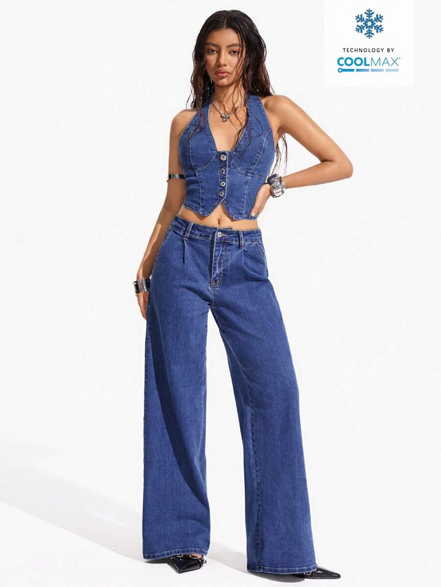 Flexra Conjunto casual de top de halter de unicolor con botones en la espalda y pantalones largos de mezclilla