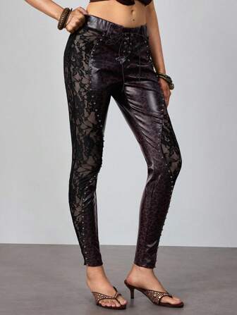 J-Fashion Leggings ajustados de mujer con estampado de leopardo vintage Y2K en PU y encaje en contraste