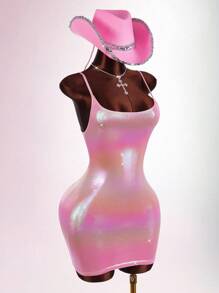 SHEIN X Scot Louie Amplova Đầm ôm body dây mảnh màu nhũ kim loại cho nữ - Hồng - Xem 5