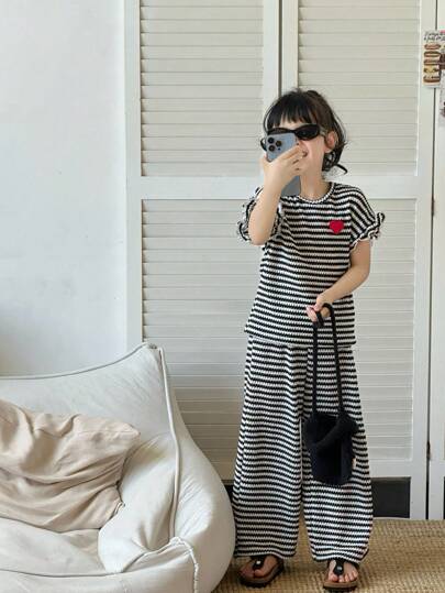 SHEIN 2件套女童条纹黑白撞色时尚可爱韩版百搭纹理T恤套装