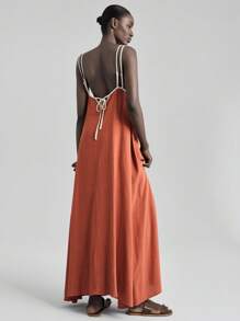 Ontre 女士亚麻色波西米亚连衣裙，细肩带露背简约优雅度假连衣裙，休闲连衣裙，夏威夷风格，秋季 - 棕色 - 查看 6