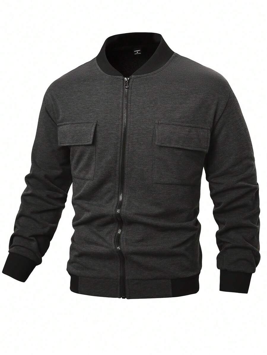 OTTIMOZO Men's Casual Street Flap Pocket Zip-Up Baseball Jacket,Fall, Old Money - Dark Grey - View 1