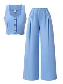 Sparklyn 2 件套青少年女童无袖前开背心开衫和松紧腰阔腿裤休闲套装，夏季 - 藍色 - 查看 7