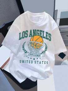 SHEIN Leap Crew Tween Boy Casual Basketball Print Short Sleeve T-Shirt, Suitable For Summer - White - View 3