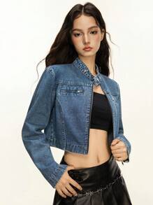 Rivivi Women's Casual Distressed Cropped Denim Jacket - Medium Wash - View 6