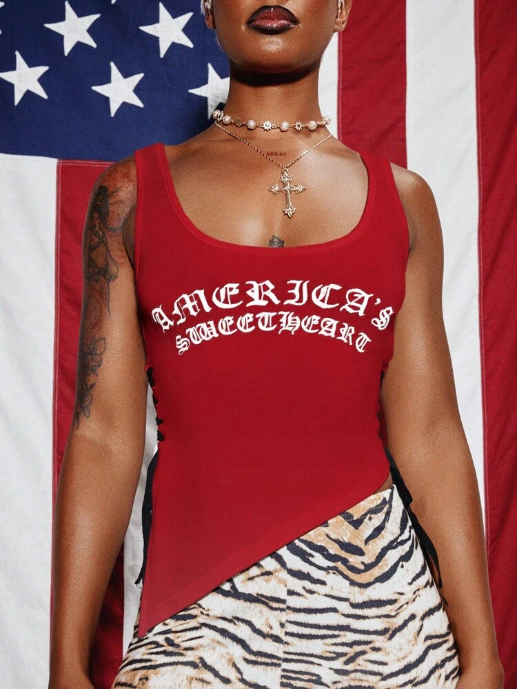 SUMWON WOMEN America Letter Print Tank Top With Lace Up Design