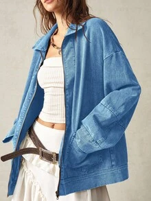 Bohemela Áo khoác nữ tay dài cổ bẻ có túi - Màu xanh lam - Xem 6