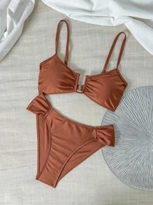 Swim Chiccia 夏季新款U型钢托比基尼优雅性感度假两件套可调节细肩带高腰拼接沙滩度假套装焦糖色 - 鏽棕色 - 查看 3