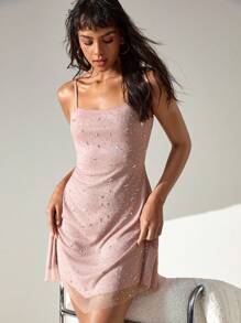 CLARA VERO 女士粉色网眼水钻精致优雅短裙 - 粉色 - 查看 1