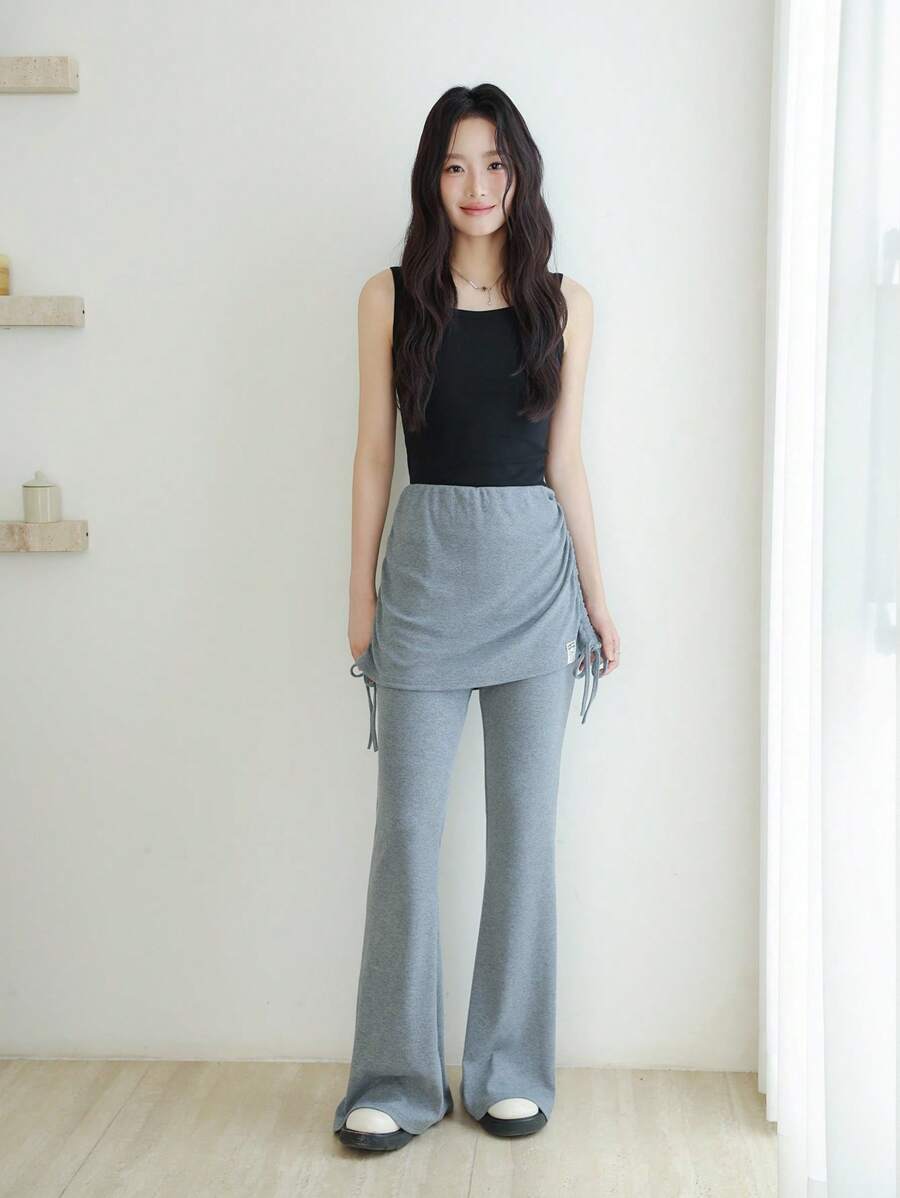 K-Vae 女士秋季浅灰色喇叭裤，两穿裙裤，韩版秋季女装，秋季女装，返校服装，教师服装 - 淺灰色 - 查看 1