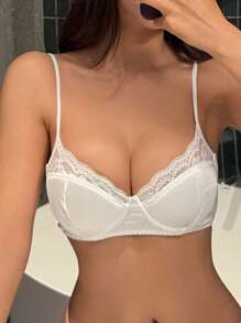 DAZY White Lace Padded Cotton Cup Sexy Lace Patchwork Women Bra Lingerie - White - View 7