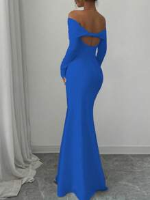 Rafferiza Royal Blue Elegant Off The Shoulder Maxi Dress Women Autumn Long Sleeve Bodycon Backless Ribbed Knit Fishtail Hem Dining Outfit Fitted Dress - Royal Blue - View 2
