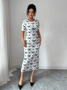 SHEIN Raffinéa 女士时尚圆领短袖蝴蝶针织连衣裙 - 黑與白 - 查看 6