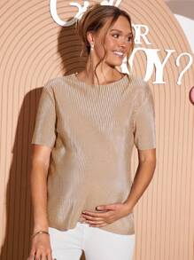 Loomaby 孕妇纯色圆领短袖休闲宽松T恤 - 卡其色 - 查看 3