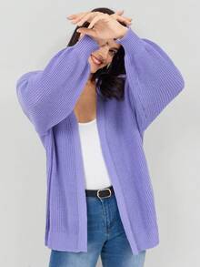 Miaspire Women's Spring Fashionable Purple Drop Shoulder Ribbed Knit Duster Cardigan - Violet Purple - View 9