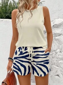 SHEIN LUNE 女士休闲简约风格斑马纹全身图案裤子搭配黑色背心，2 件套无袖圆领短款上衣套装，适合夏季