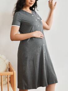 Maternity Contrast Binding Button Front Nightdress For Mother - Grey - View 1