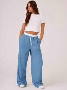 MUSERA Pantalones a medida con cinturón de contraste tejido, estilo veraniego Y2K, lindo, casual, cápsula, vacaciones, días festivos